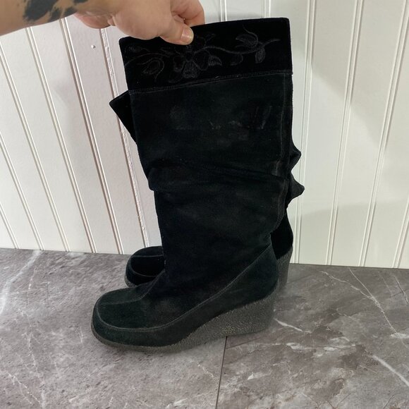 Soho Lab by Skechers Boots Womens 9 Y2K Black Suede Leather Knee High Wedge - Picture 6 of 12